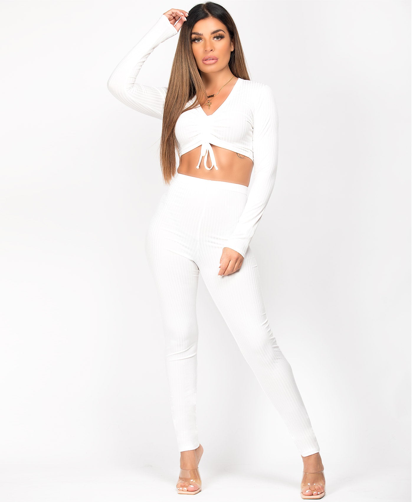 White-Ribbed-Tie-Ruched-Long-Sleeve-Loungewear-Set-2
