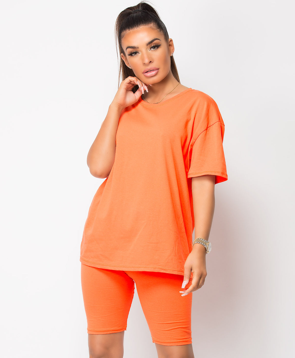 Neon-Orange-Cycling-Short-&-Oversize-T-Shirt-Co-Ord-Loungewear-Set-1