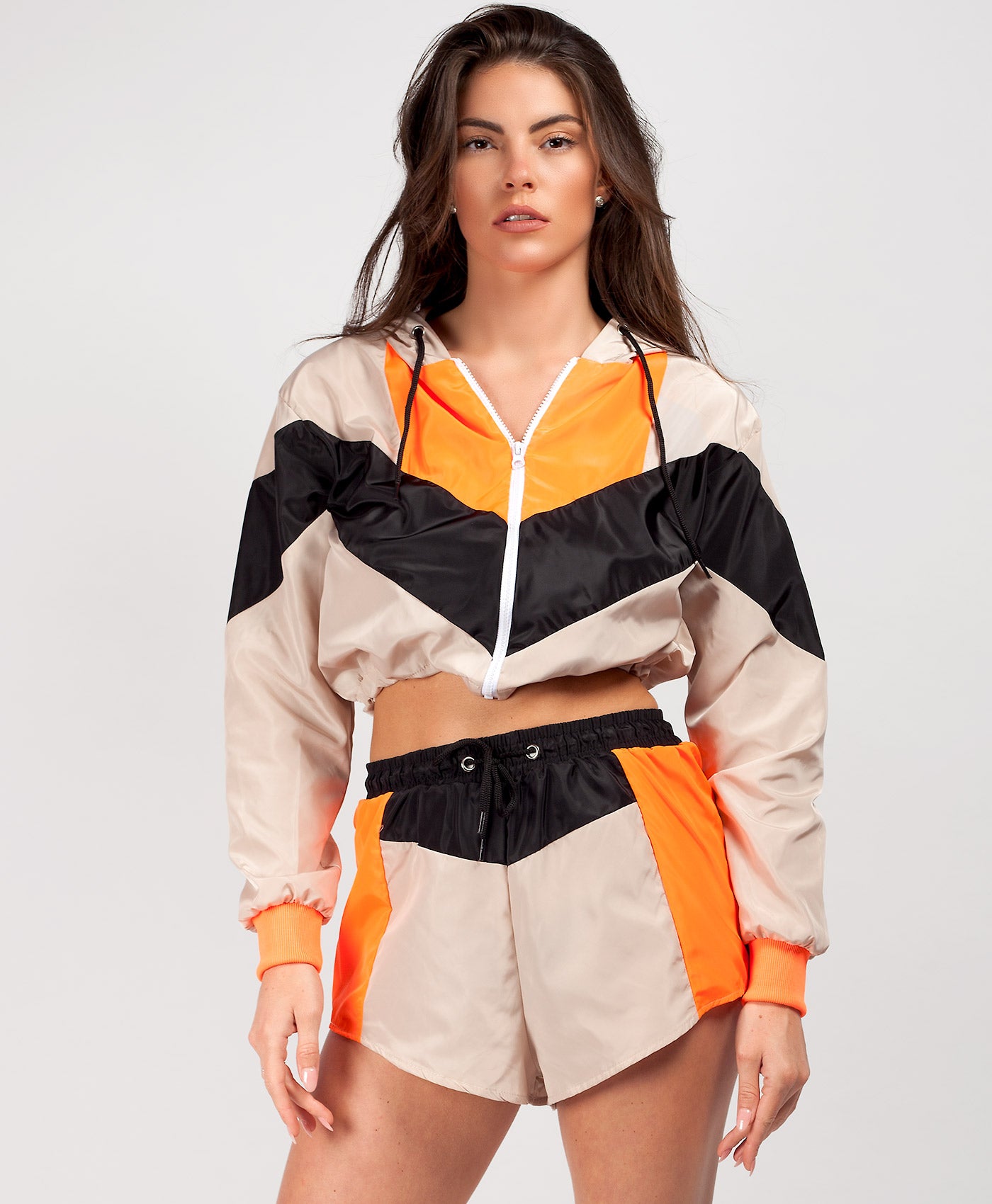 Beige-Orange-Colour-Block-Jacket-&-Shorts-Co-Ord-Set-2
