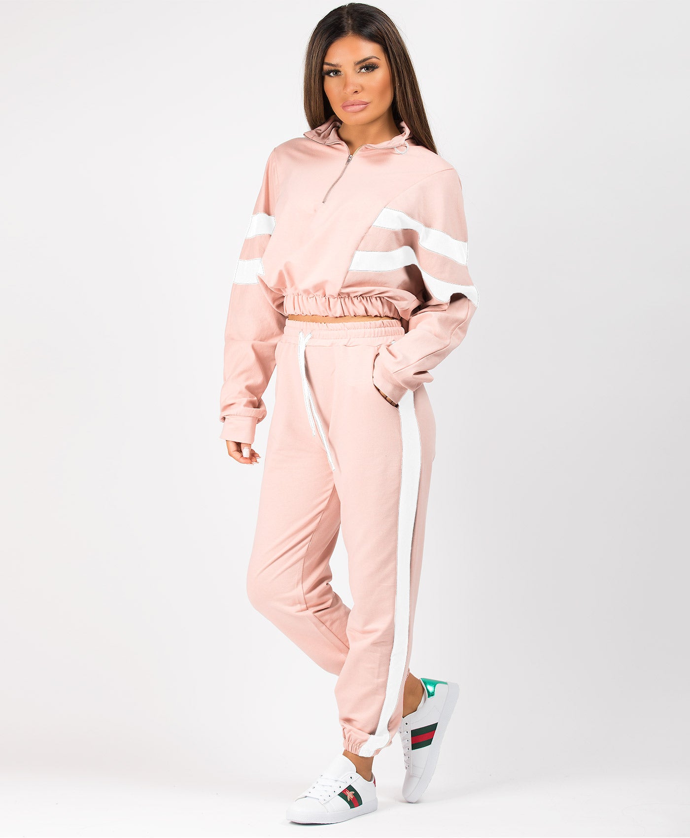 Pink-Contrast-Bold-Stripe-Half-Zip-Cropped-Loungewear-Set-2
