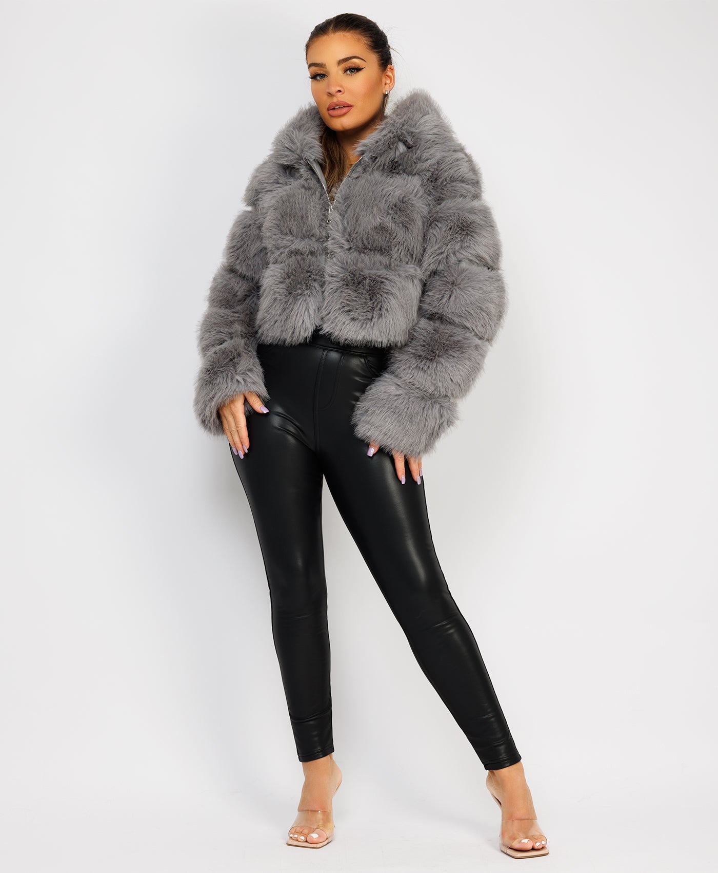 Grey-Premium-Hooded-Faux-Fur-Tiered-Jacket-Coat-1