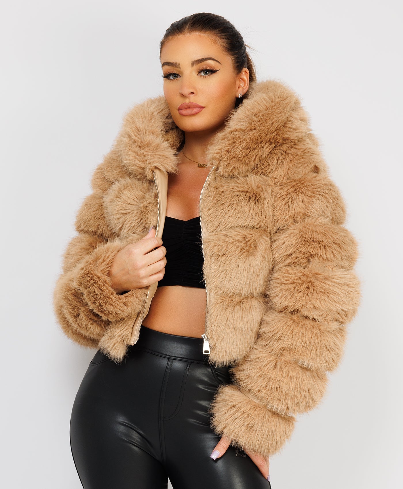 Sand-Premium-Hooded-Faux-Fur-Tiered-Jacket-Coat-4