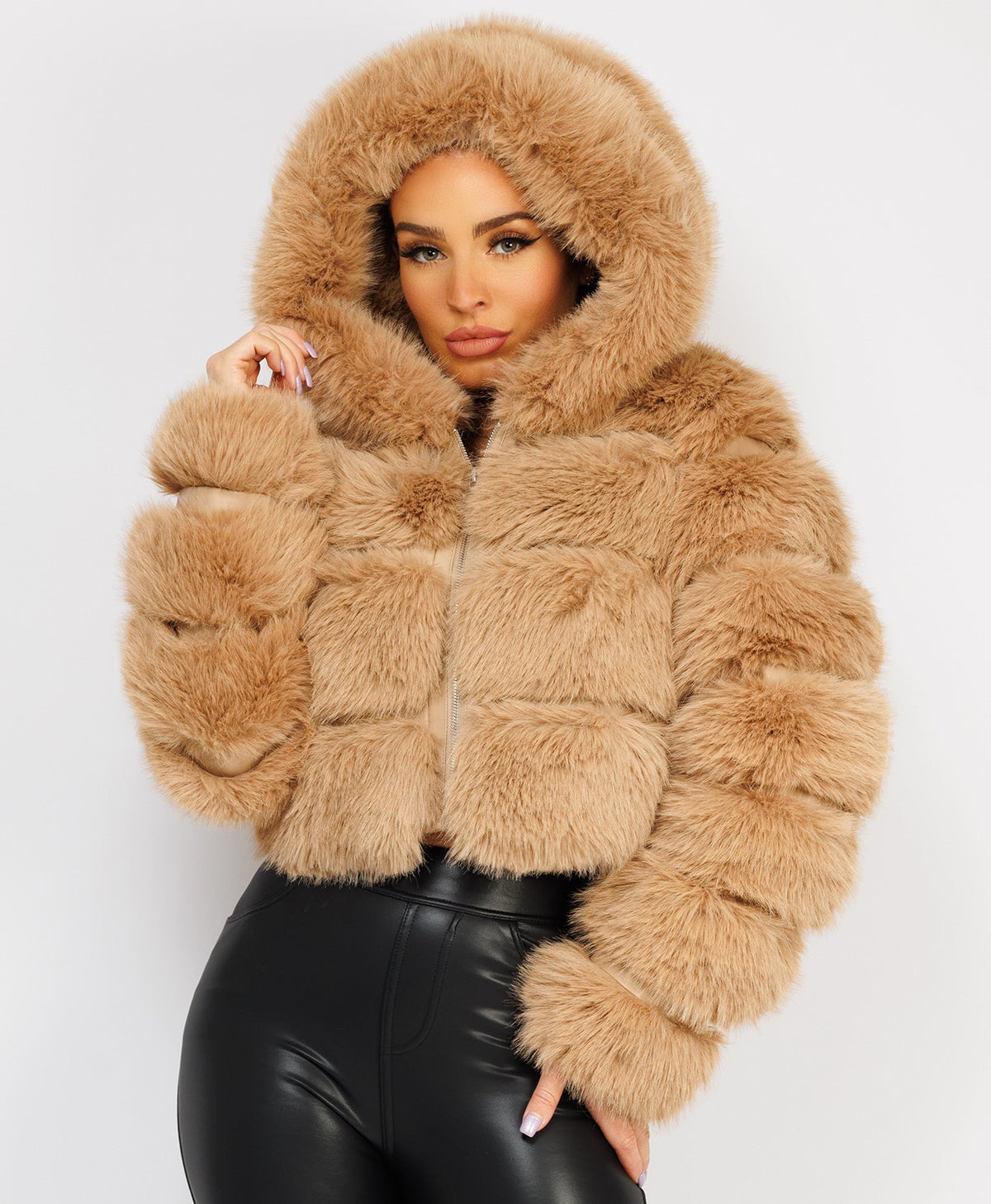 Sand-Premium-Hooded-Faux-Fur-Tiered-Jacket-Coat-2