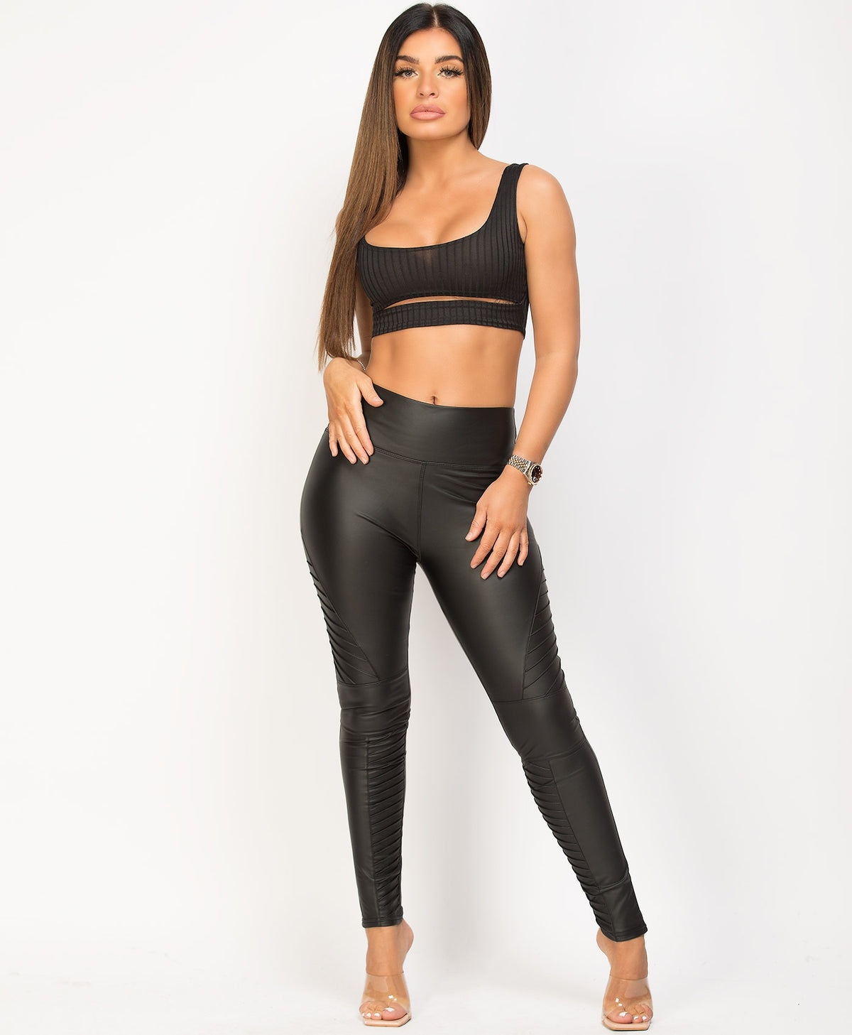 Women's High Waist PU Wet Look Skinny Leggings - Faux Leather Biker Pants