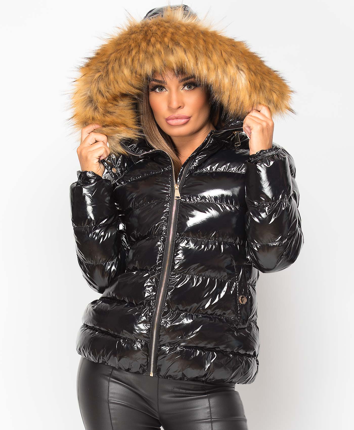 Black-Shiny-Padded-Quilted-Faux-Fur-Hooded-Elastic-Back-Puffer-Jacket-1