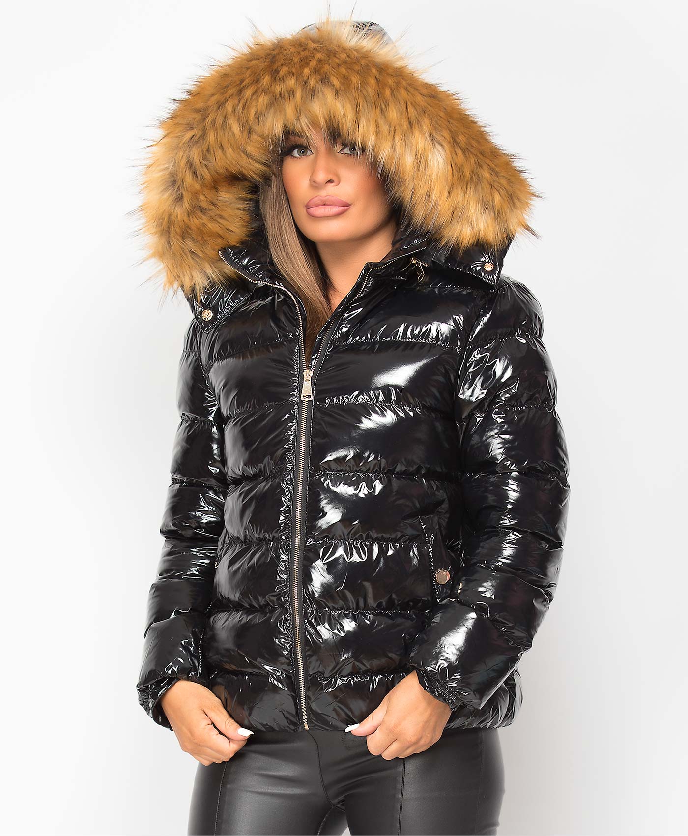 Black-Shiny-Padded-Quilted-Faux-Fur-Hooded-Elastic-Back-Puffer-Jacket-4