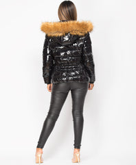 Black-Shiny-Padded-Quilted-Faux-Fur-Hooded-Elastic-Back-Puffer-Jacket-5