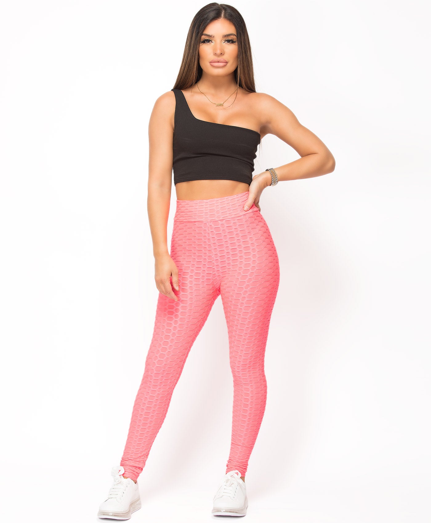 Neon-Pink-Waffle-Textured-Stretch-Leggings-2
