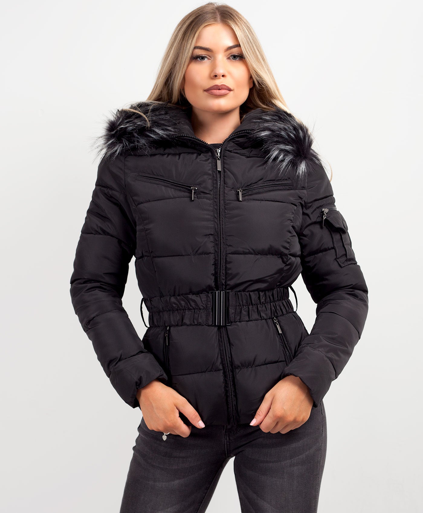 Black Chunky Faux Fur Hood Belted Puffer Jacket –