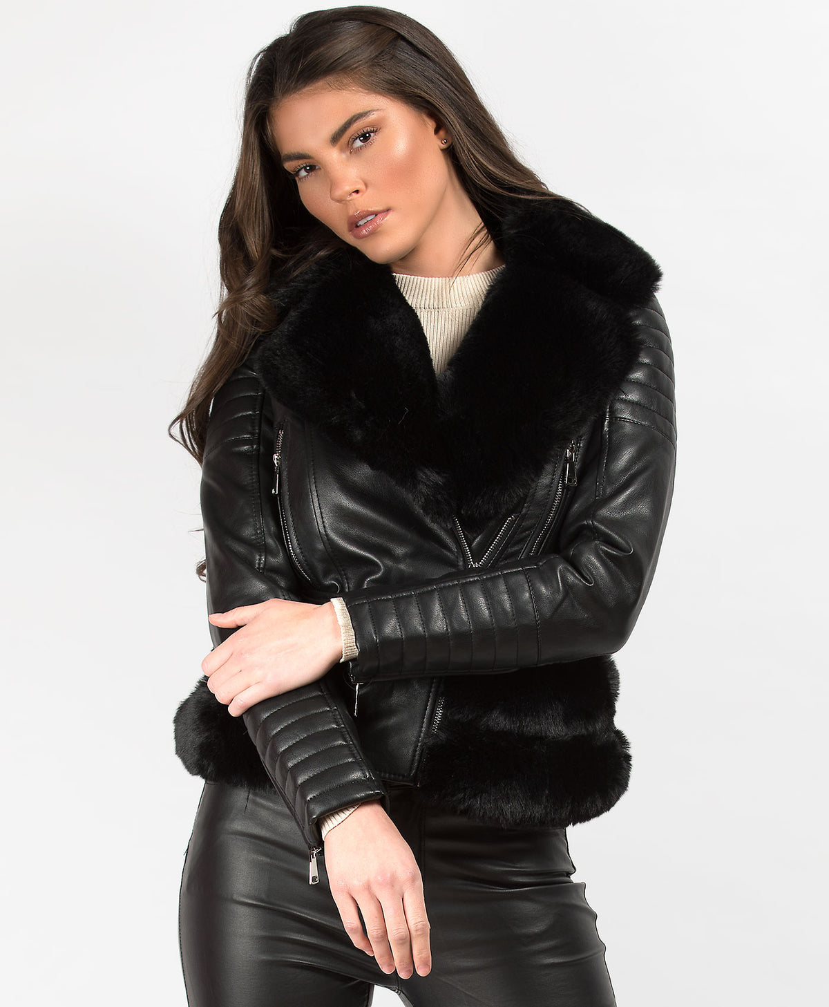 Black-Black-Faux-Fur-Trimmed-PU-PVC-Belted-Biker-Jacket-4