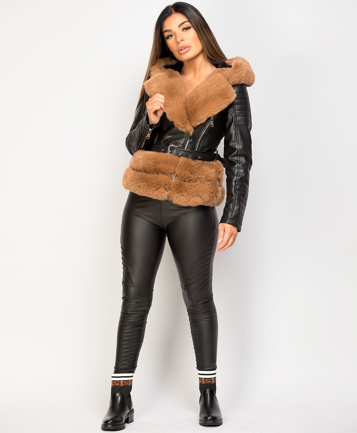 Black Camel Faux Fur Trim PU PVC Hooded Biker Jacket - Black Camel / 12