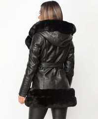 Black-3-4-PU-PVC-Faux-Fur-Hem-Belted-Hooded-Jacket-4