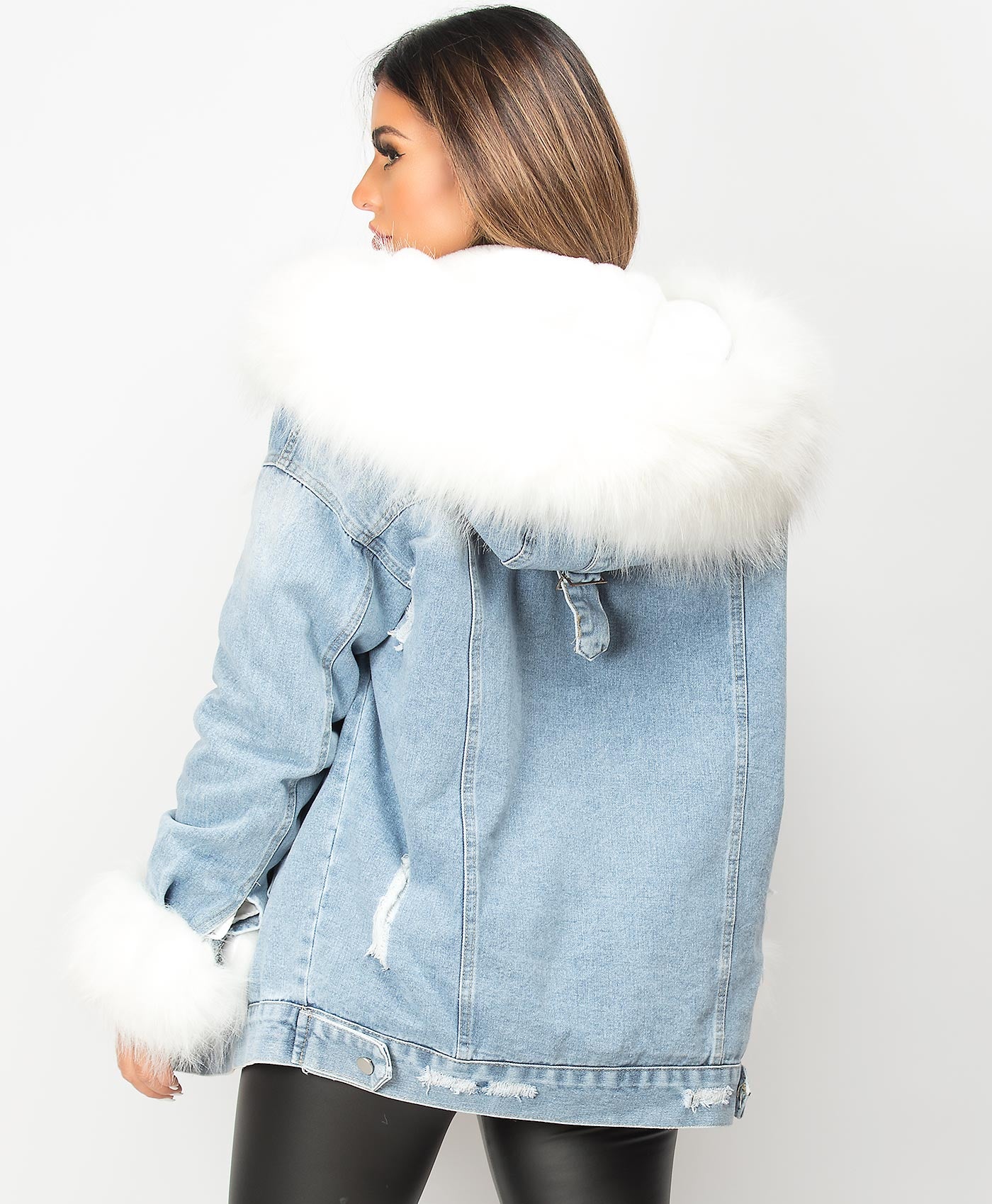 Hood Denim Fur Jacket For Women Denim Blue Faux Fur Trim Oversize