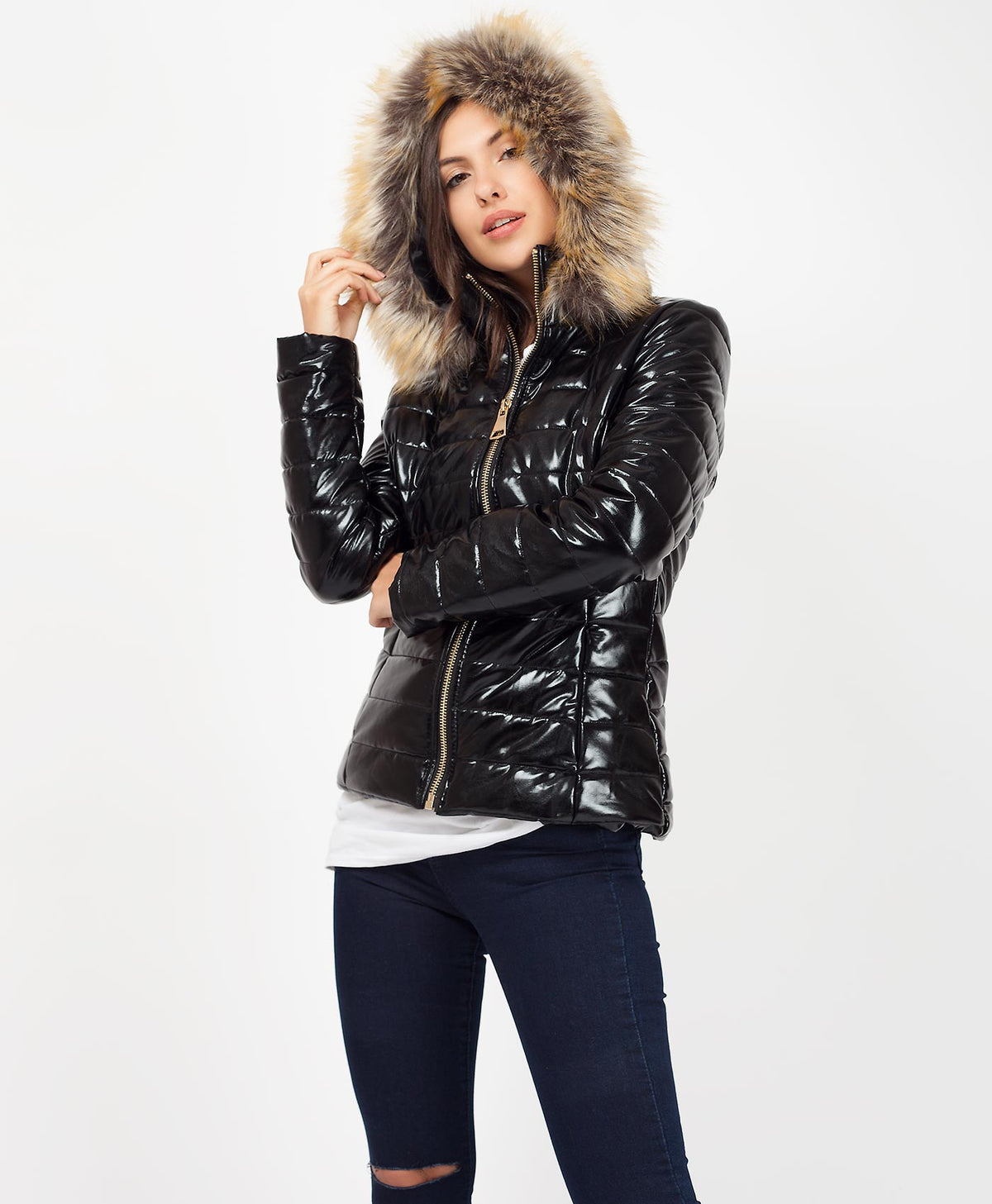 Black-Wet-Look-Mnclr-Style-Faux-Fur-Hooded-Quilted-Jacket-1