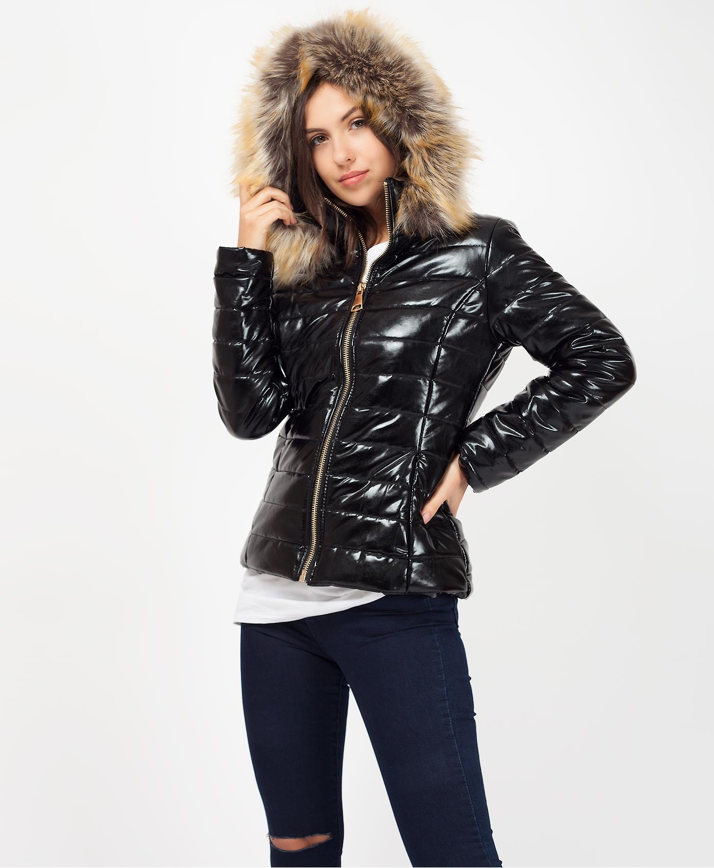 Wet Look Faux Fur Hood Quilted Puffer Jacket www.lexifashion