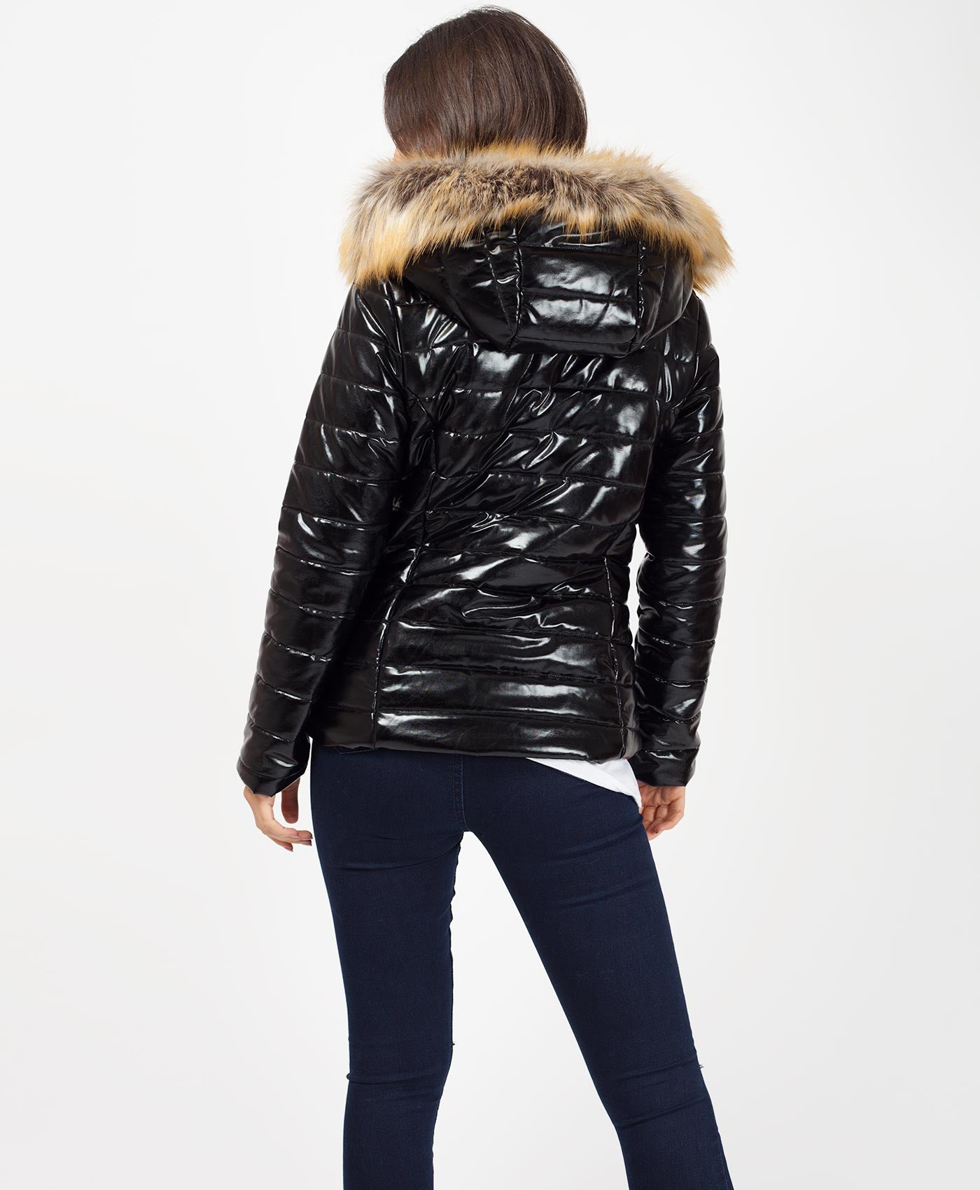 Black-Wet-Look-Mnclr-Style-Faux-Fur-Hooded-Quilted-Jacket-4