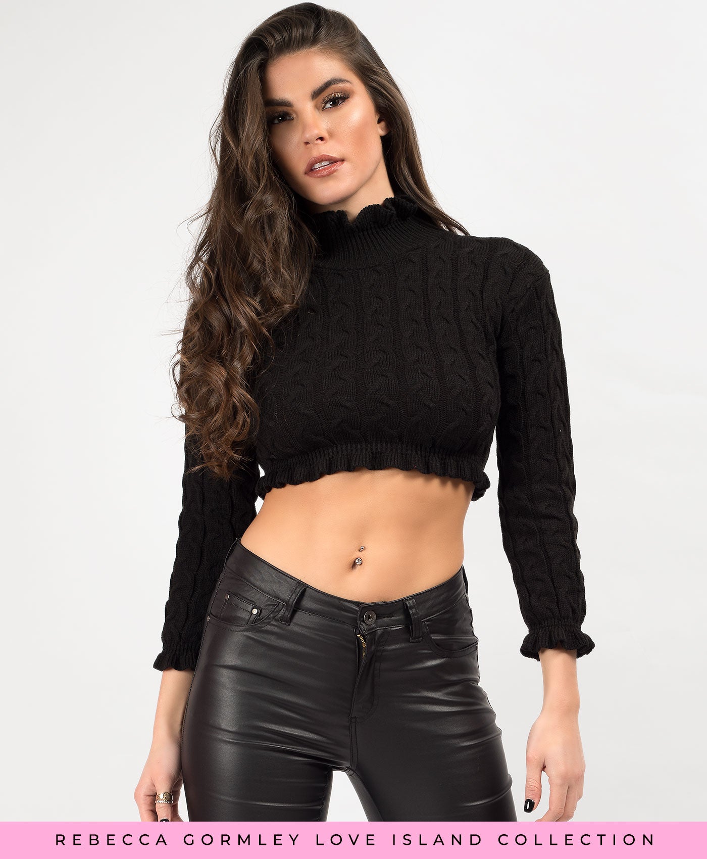 Black-Frill-Cable-Knitted-High-Neck-Cropped-Jumper-1
