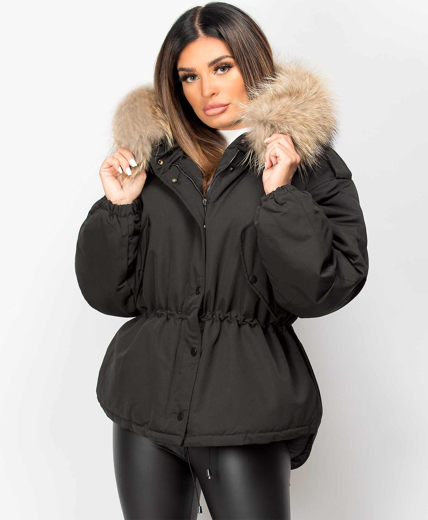 Black Real Natural Fur Hooded Oversized Fishtail Parka Jacket