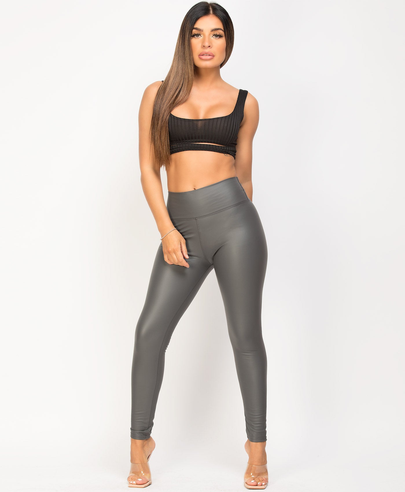 Grey Wet Look Matte Faux Leather PU PVC Leggings –