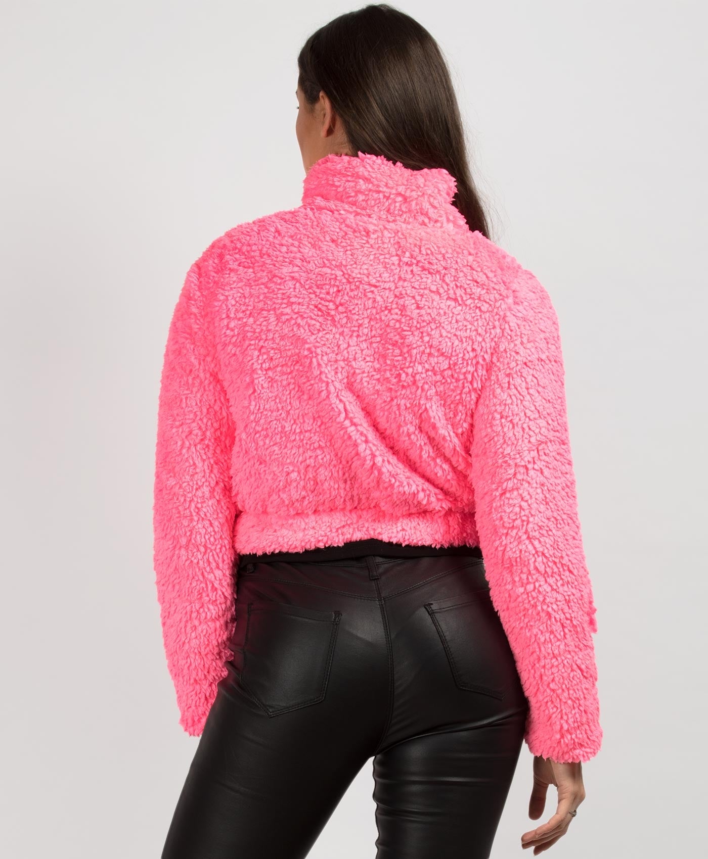 Neon-Pink-Teddy-Bear-Fur-Half-Zip-Kangaroo-Pocket-Jacket-2