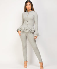 Grey-Frill-Gold-Button-Ribbed-Loungewear-Set-1