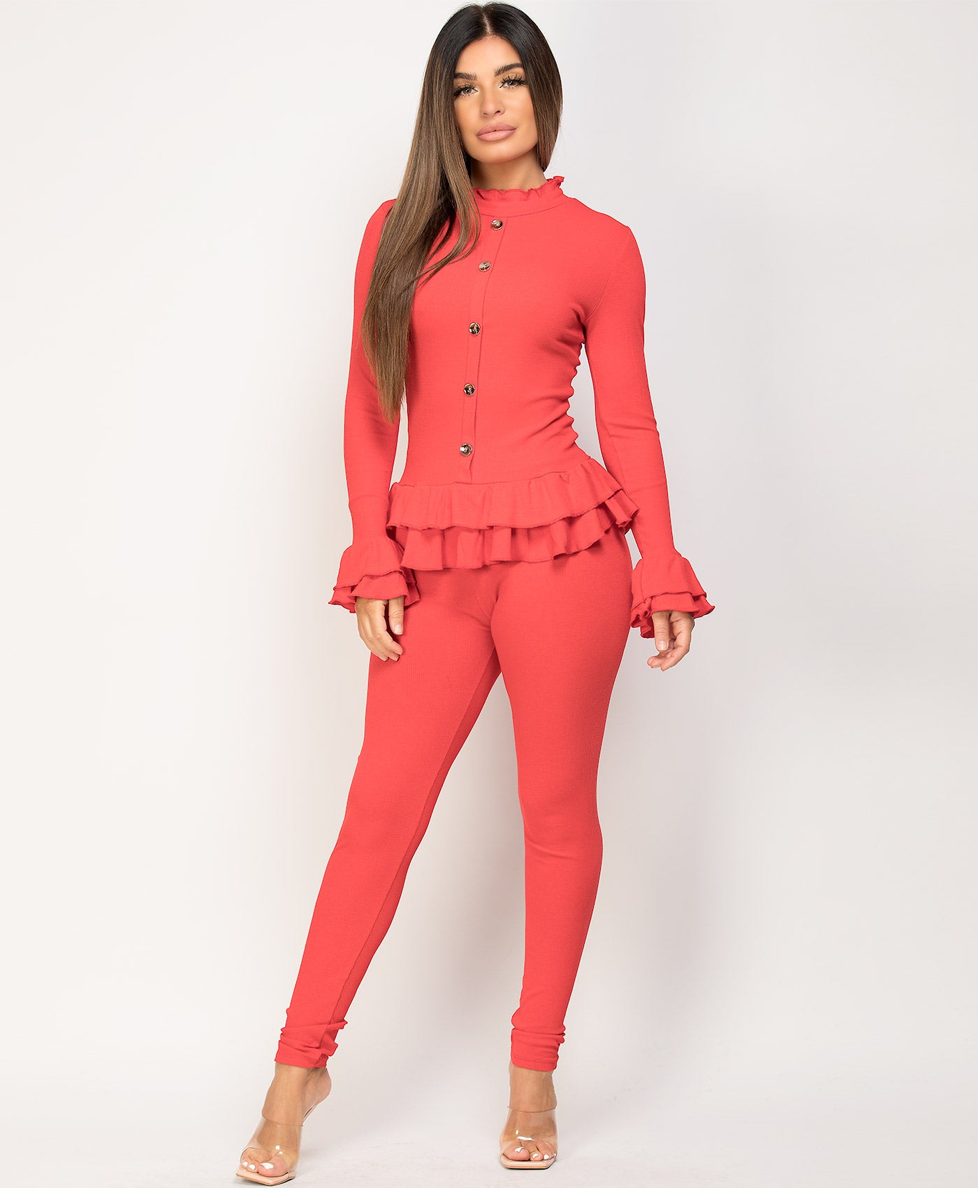 Red-Frill-Gold-Button-Ribbed-Loungewear-Set-4