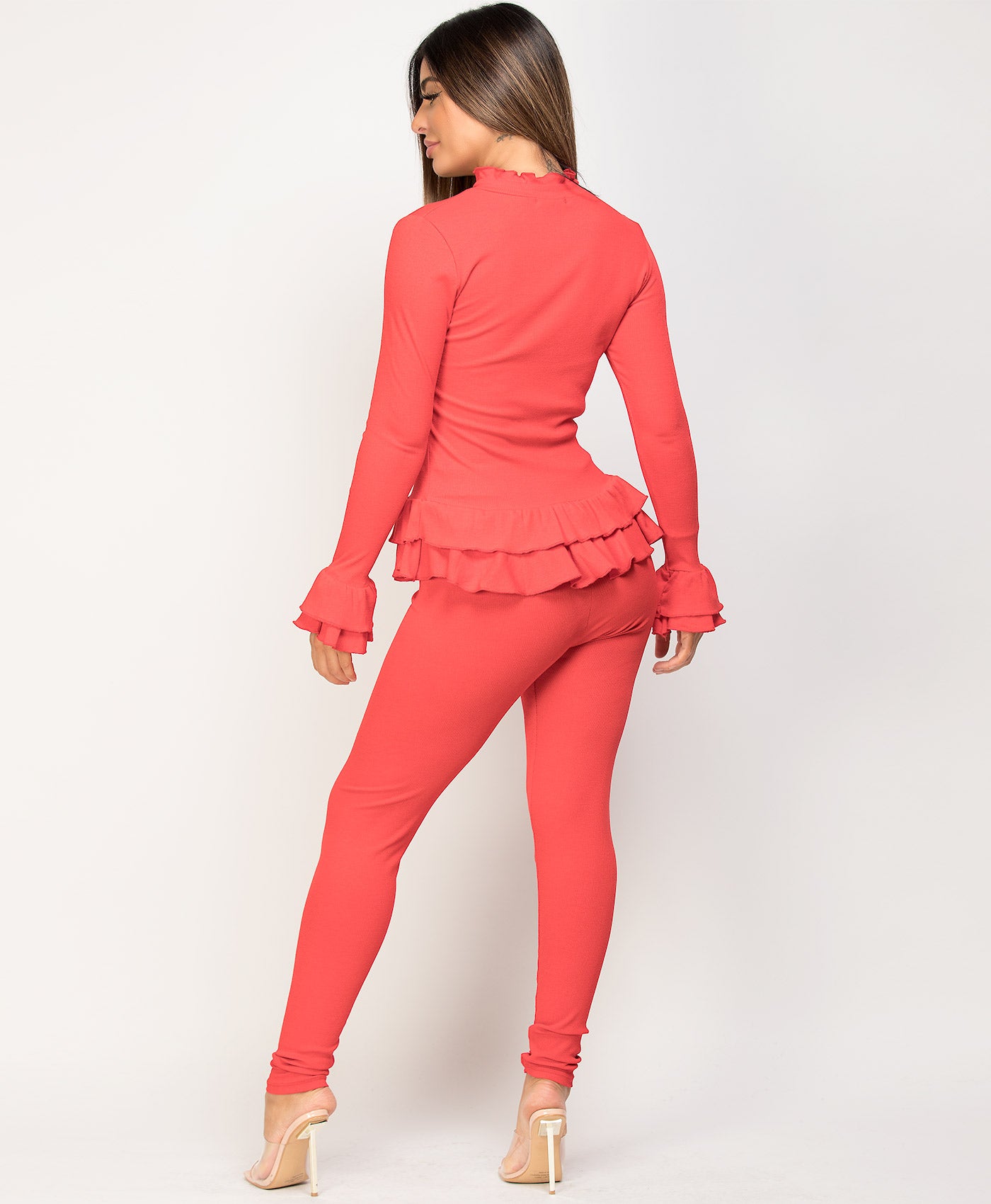 Red Long Sleeve Ribbed Bodysuit With Gold Buttons Going Out Top –