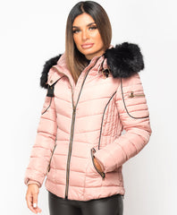 Pink Fur Hooded Piping Quilted Puffer Jacket