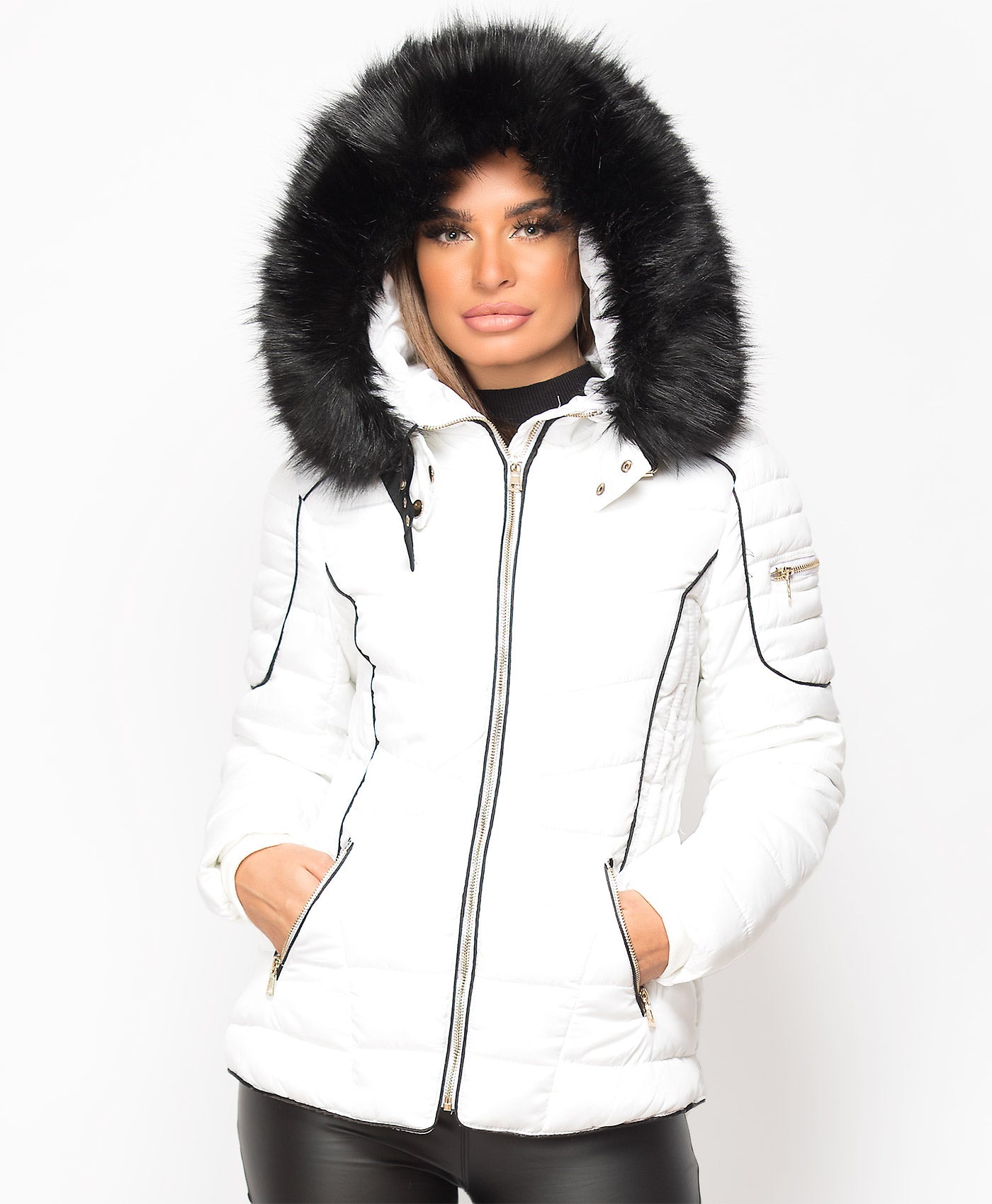 White Fur Hooded Piping Quilted Puffer Jacket