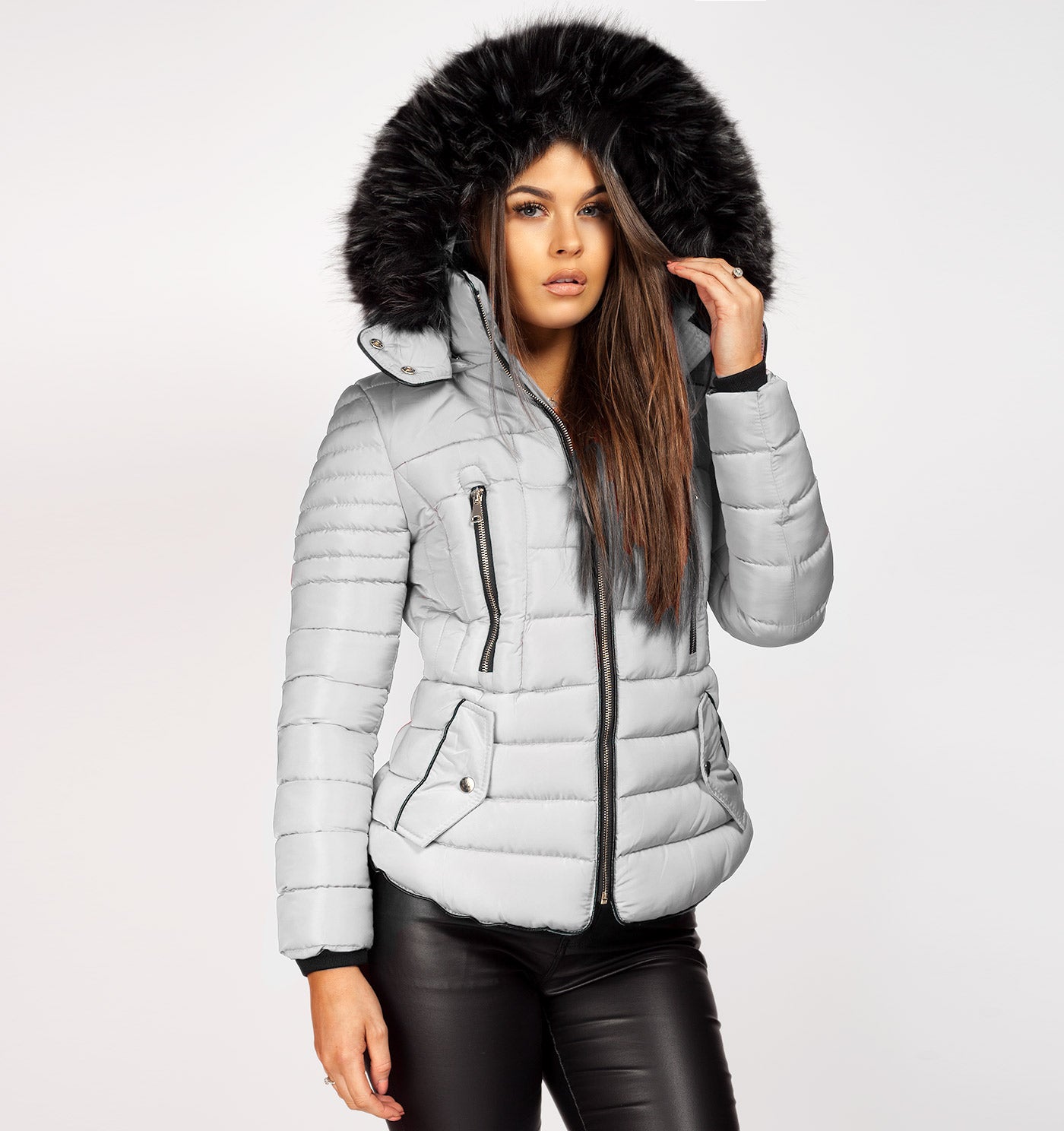 Grey puffer jacket store with fur hood