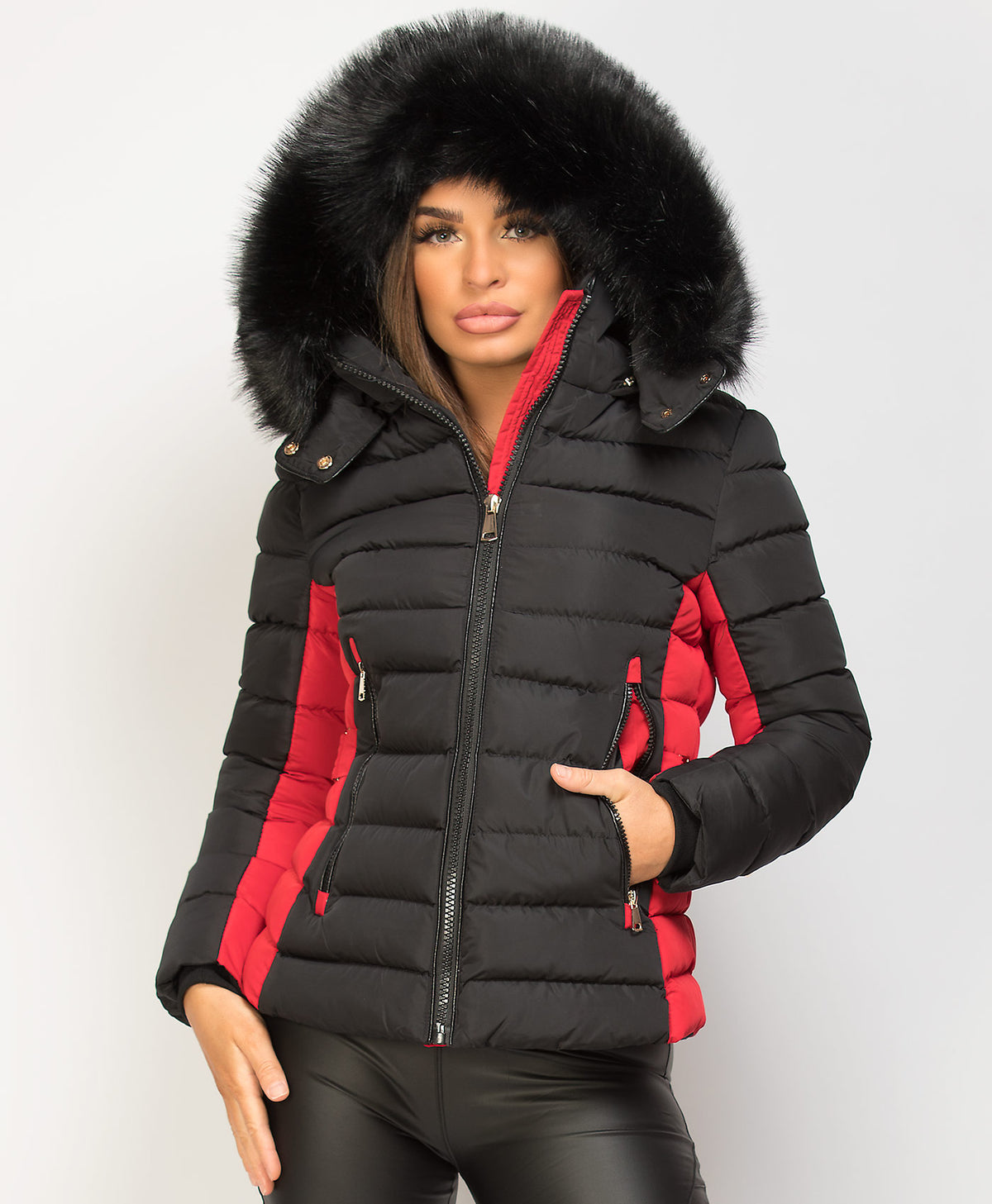 Black-Red-Y-912-Quilted-Padded-Contrast-Fur-Hooded-Puffer-Jacket-1