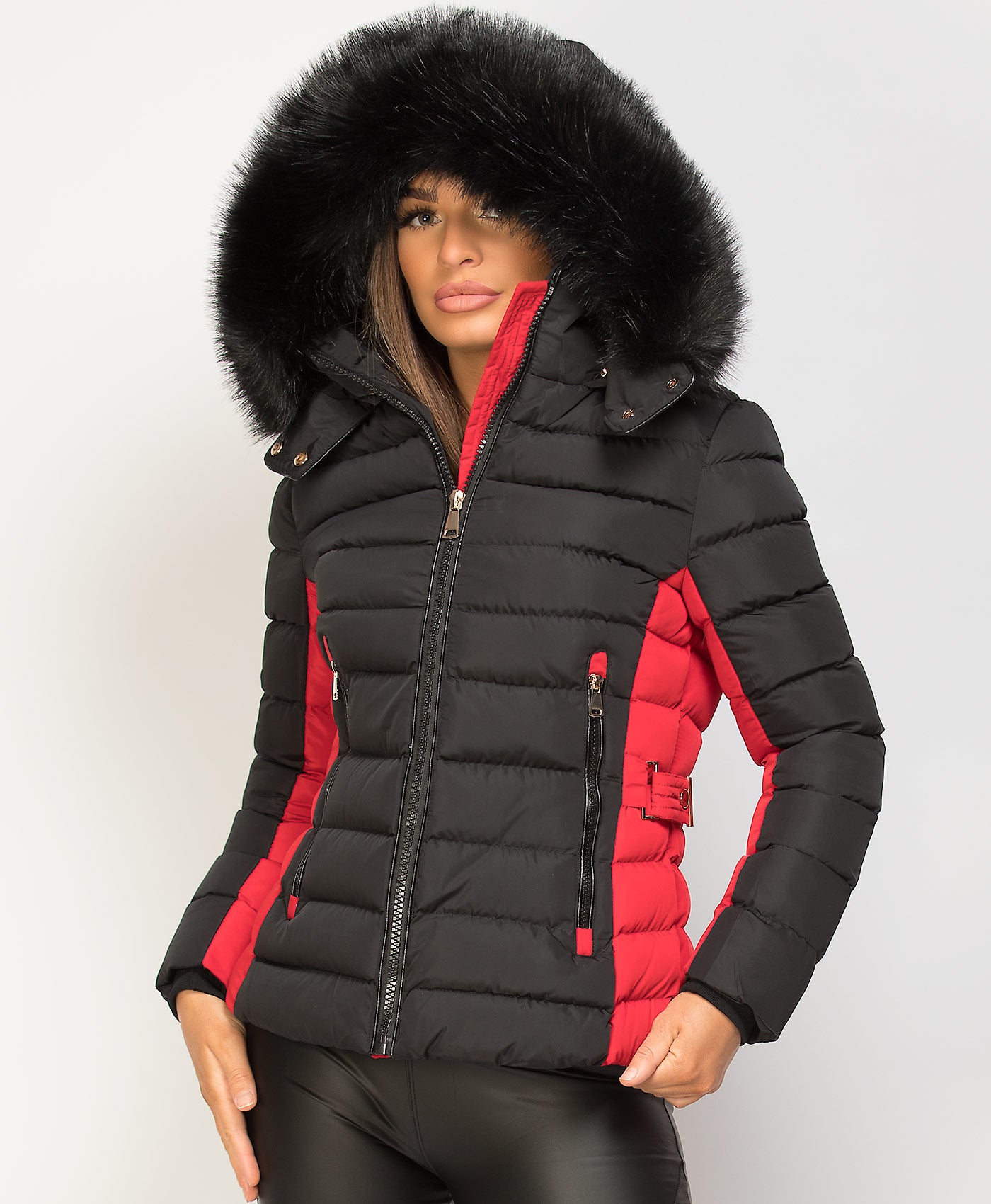Black-Red-Y-912-Quilted-Padded-Contrast-Fur-Hooded-Puffer-Jacket-4