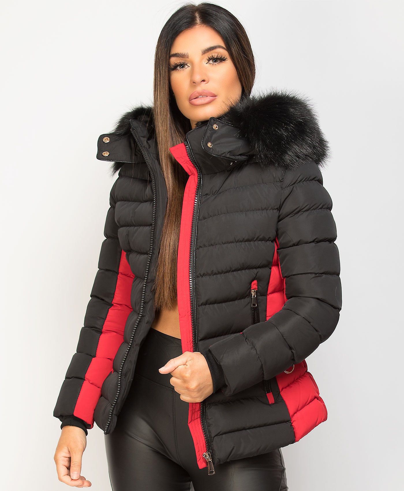 Black-Red-Y-912-Quilted-Padded-Contrast-Fur-Hooded-Puffer-Jacket-5