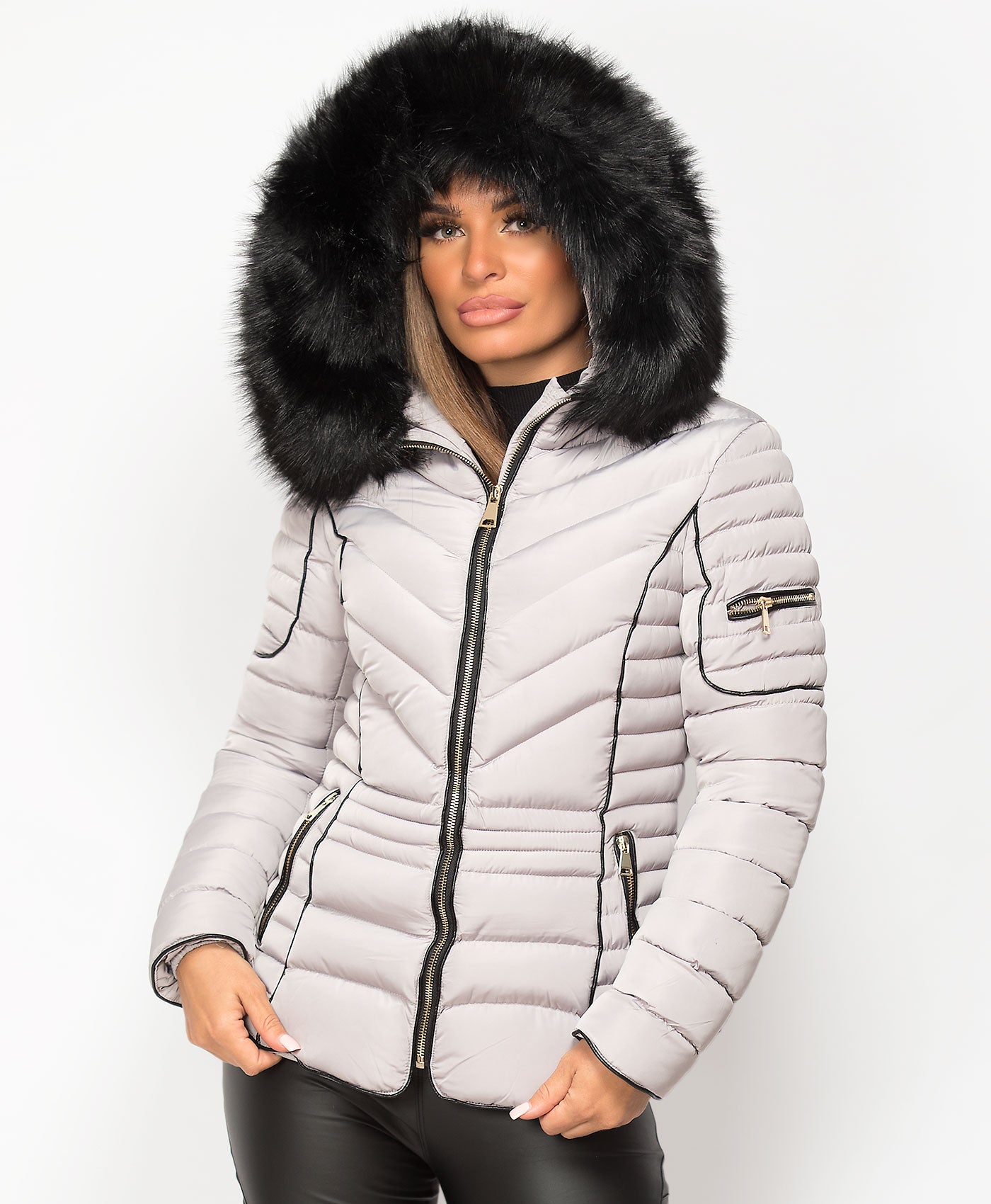 Grey-Quilted-Padded-Chevron-Piping-Detail-Fur-Hooded-Puffer-Jacket-1