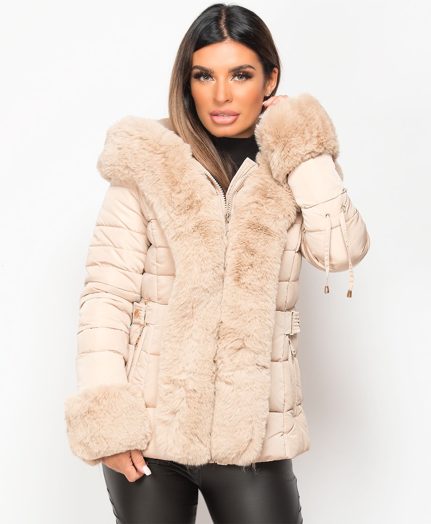 Beige-Faux-Fur-Trim-Padded-Quilted-Hooded-Puffer-Jacket-Coat-2