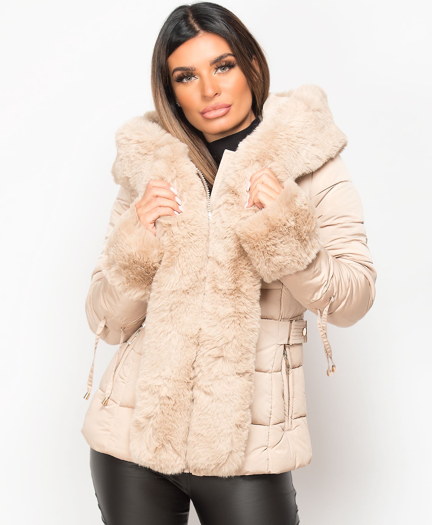 Beige-Faux-Fur-Trim-Padded-Quilted-Hooded-Puffer-Jacket-Coat-3