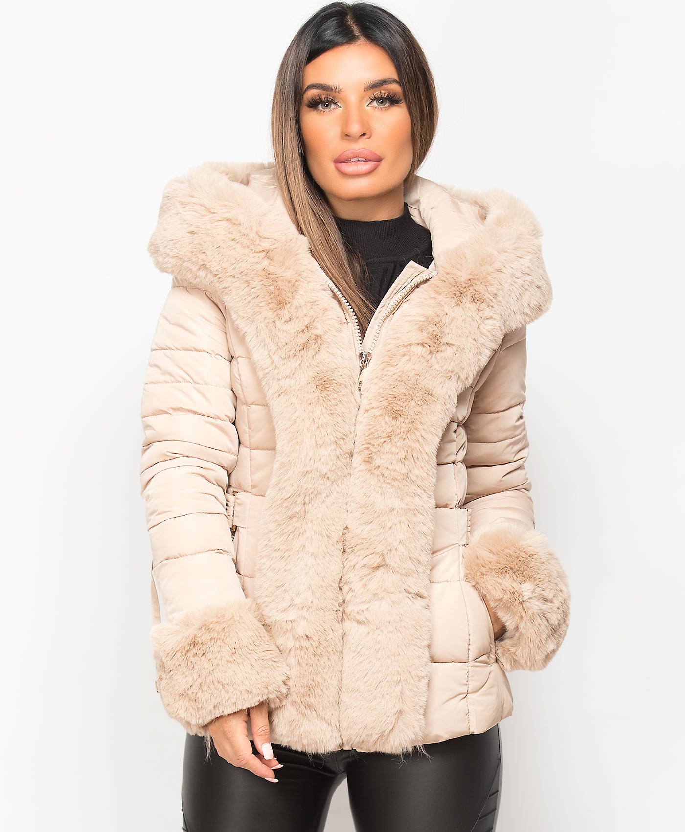 Beige-Faux-Fur-Trim-Padded-Quilted-Hooded-Puffer-Jacket-Coat-4