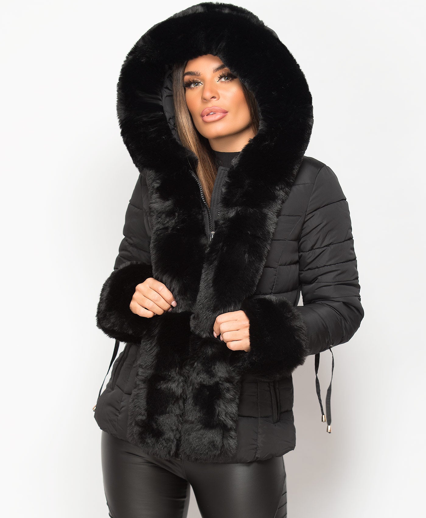 Black-Faux-Fur-Trim-Padded-Quilted-Hooded-Puffer-Jacket-Coat-1