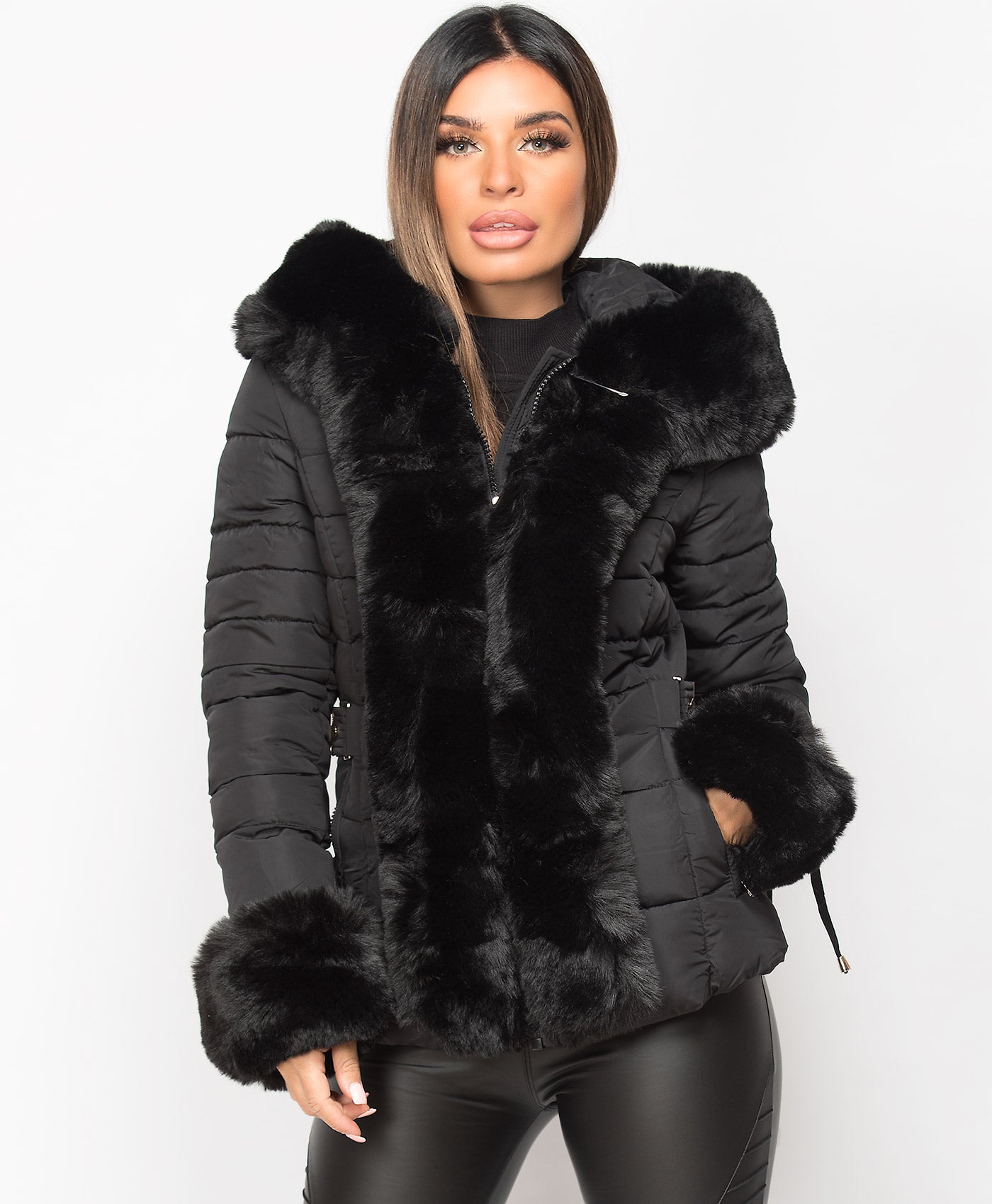 Black-Faux-Fur-Trim-Padded-Quilted-Hooded-Puffer-Jacket-Coat-4