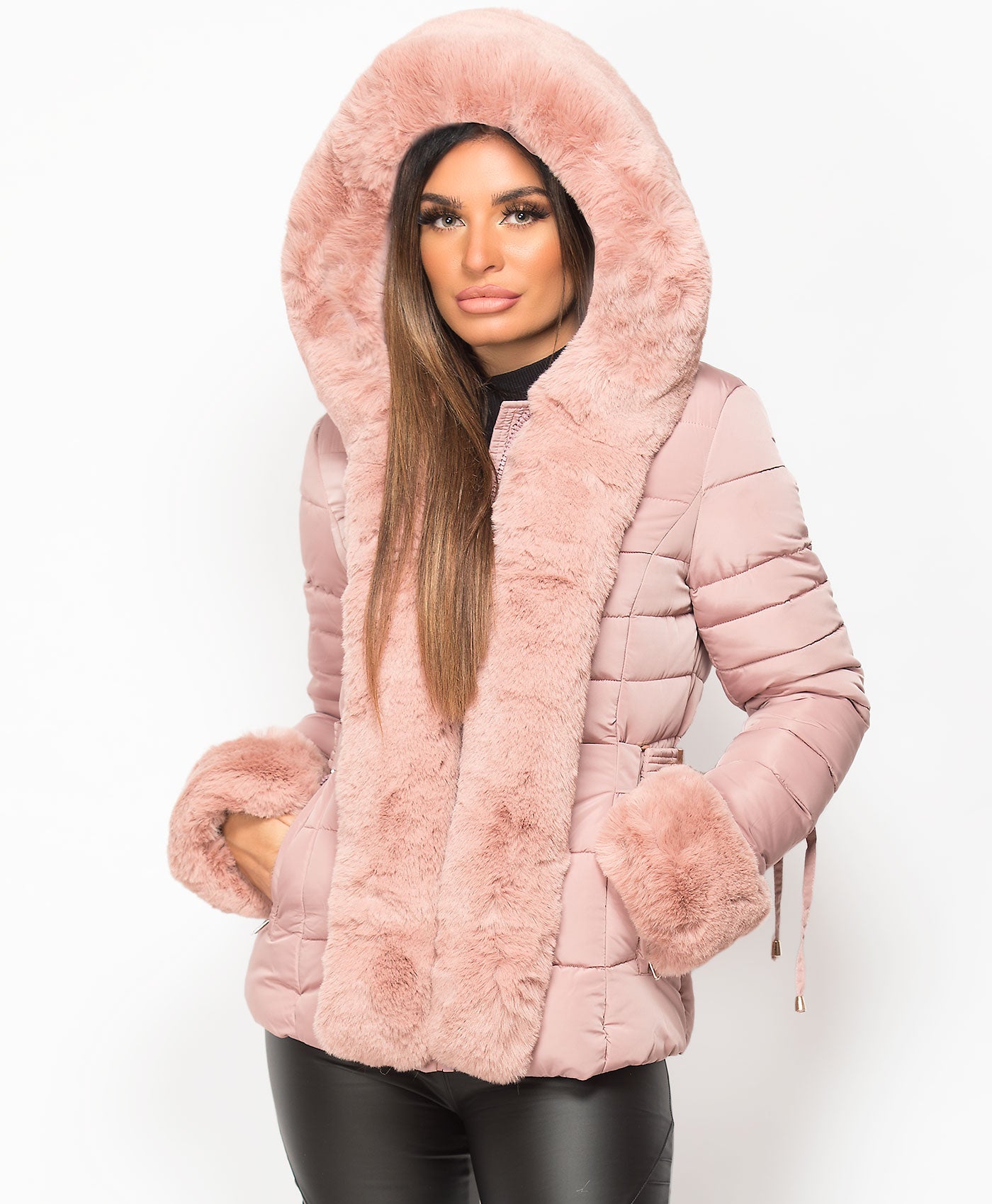 Pink Faux Fur Trim Pink Fur Hooded Jacket Faux Fur Trim Hooded