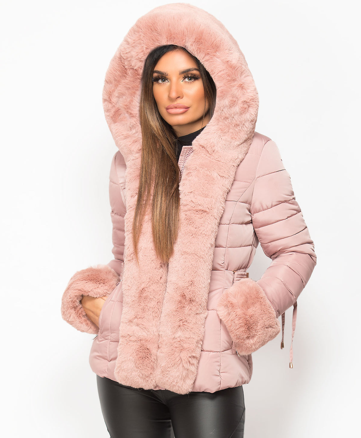 Pink-Faux-Fur-Trim-Padded-Quilted-Hooded-Puffer-Jacket-Coat-1