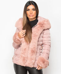 Pink-Faux-Fur-Trim-Padded-Quilted-Hooded-Puffer-Jacket-Coat-2