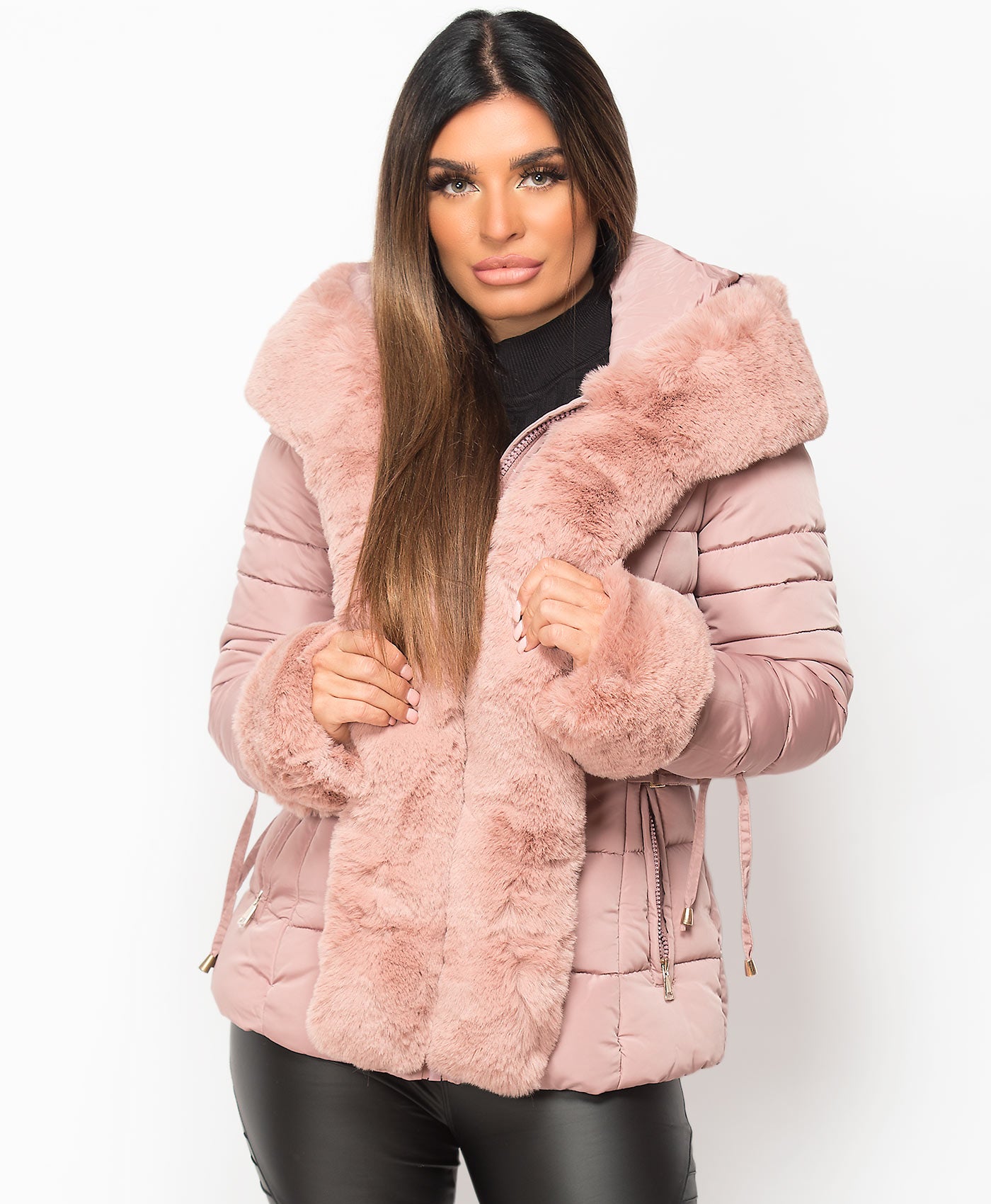 Pink-Faux-Fur-Trim-Padded-Quilted-Hooded-Puffer-Jacket-Coat-3