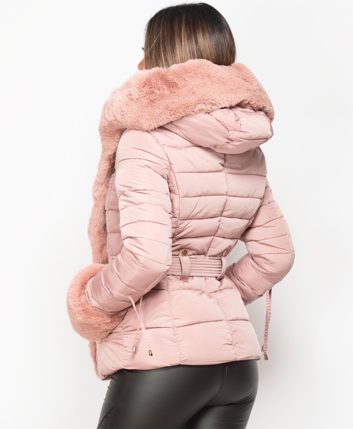Pink-Faux-Fur-Trim-Padded-Quilted-Hooded-Puffer-Jacket-Coat-5